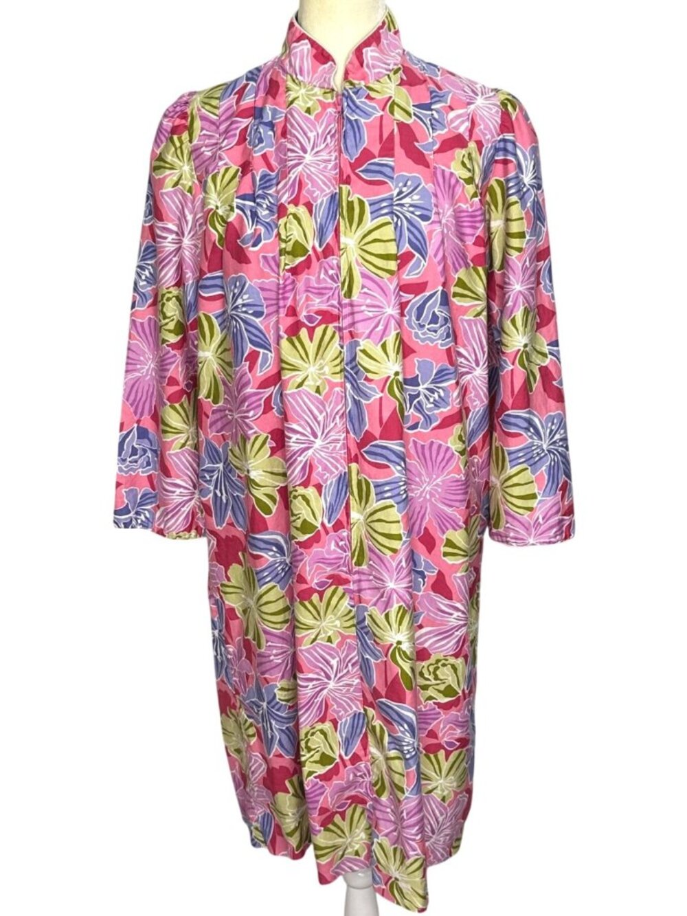 Vintage David Brown Caftan Medium Floral I.Magnin House Coat Zip Robe 80s RARE!